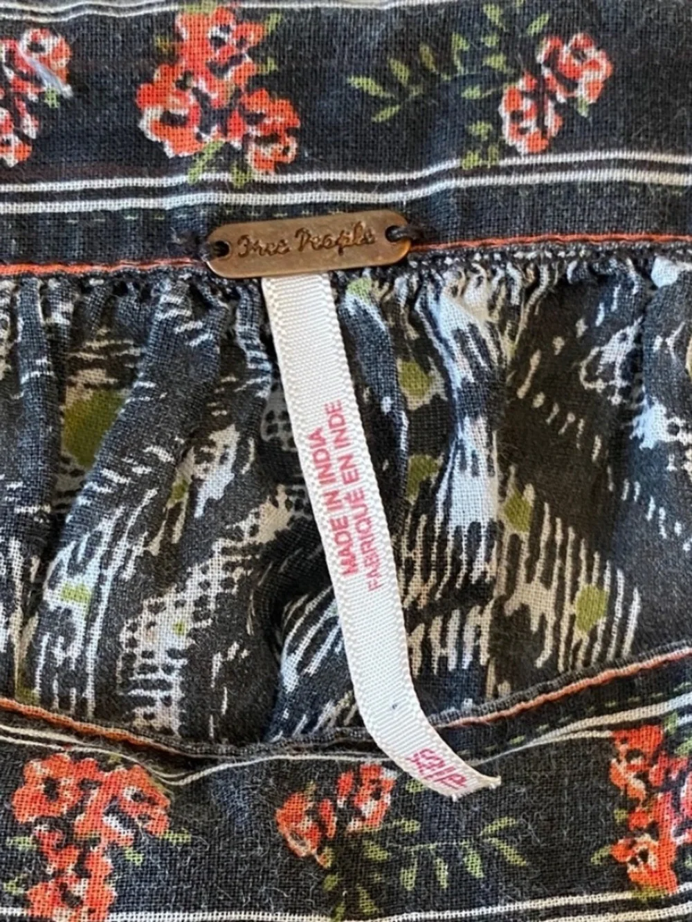 Free People XS Boho Peasant Top Mixed Print Square Neck Navy